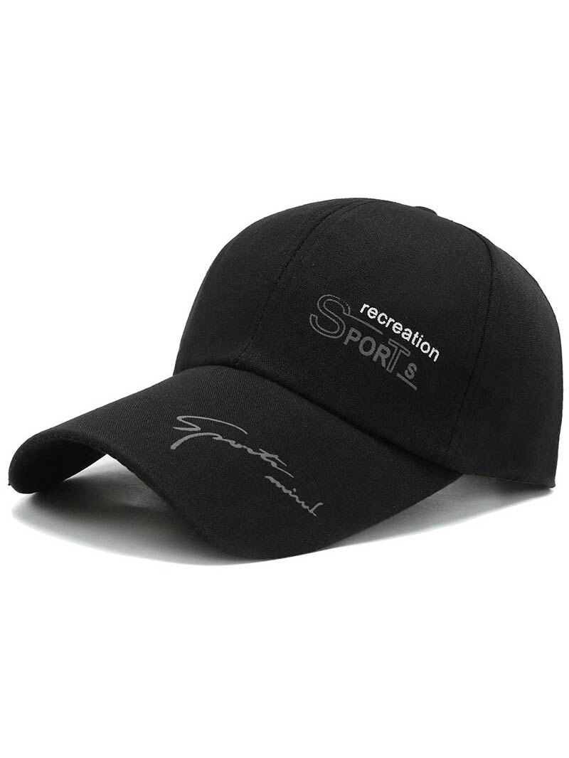 Sports solid color adjustable baseball cap with long visor and print in black, unisex casual style SF0797.